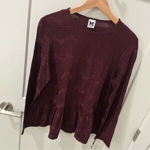 NWT M Missoni Metallic Burgundy Peplum Top